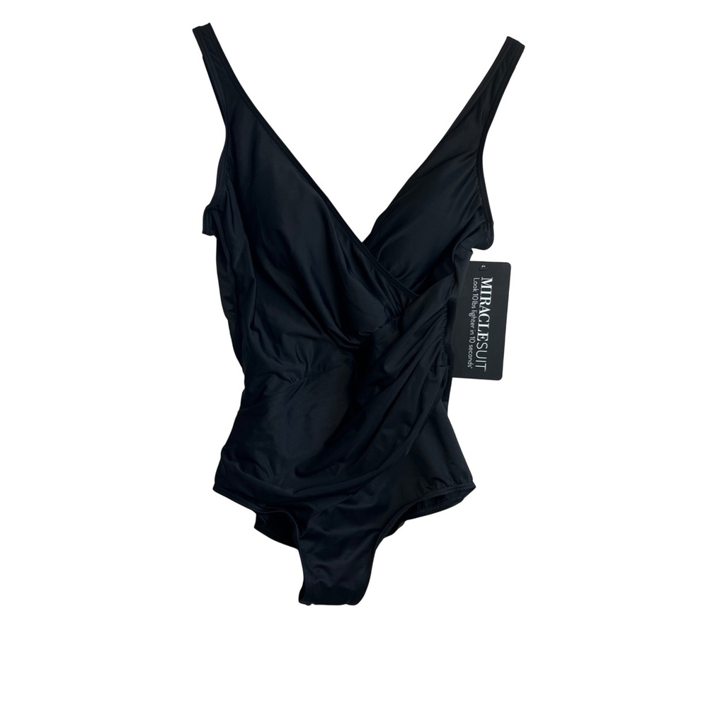Miraclesuit Oceanus Black One Piece Swimsuit Wrap Ruched V Neck‎ Tummy Control